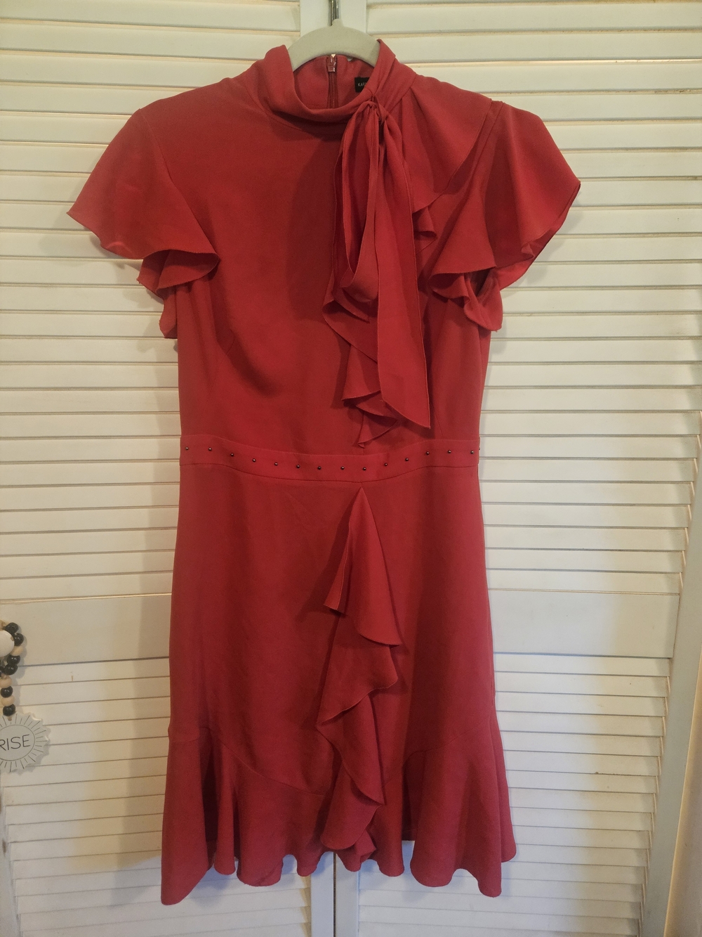 Karen Millen Red Ruffle Tie-Neck Mini Dress with Studded Waist